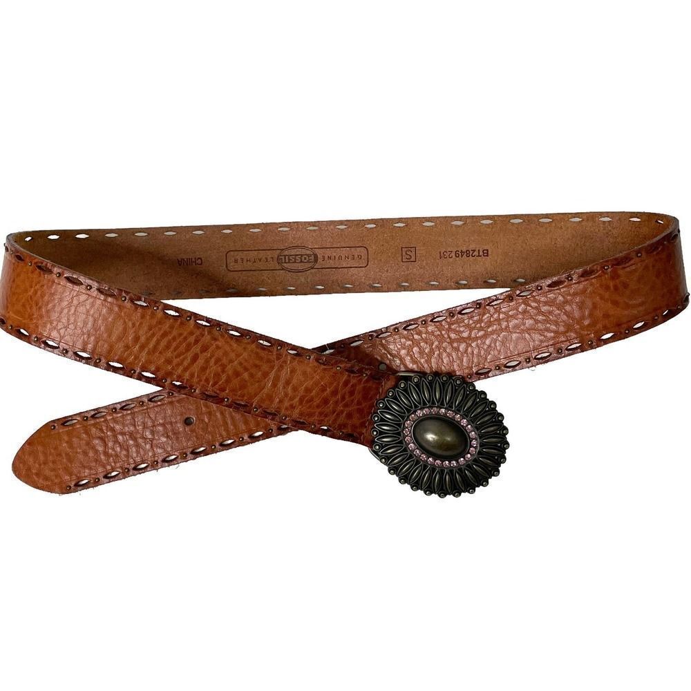 Fossil boho leather Studded Distressed Western Belt Rhinestone Brass Buckle Sz S